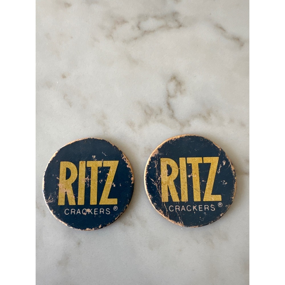 Vintage Ritz Crackers Advertising Cardboard Tokens Set of 2 Navy Blue Yellow